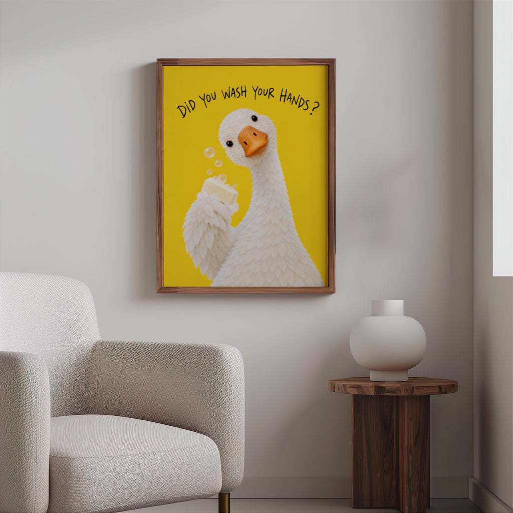 Did You Wash Your Hands Goose Wall Art, Funny Bathroom Poster, Soap Bird Print, Yellow Kids Washroom Decor, Silly Duck Restroom Hygiene Sign