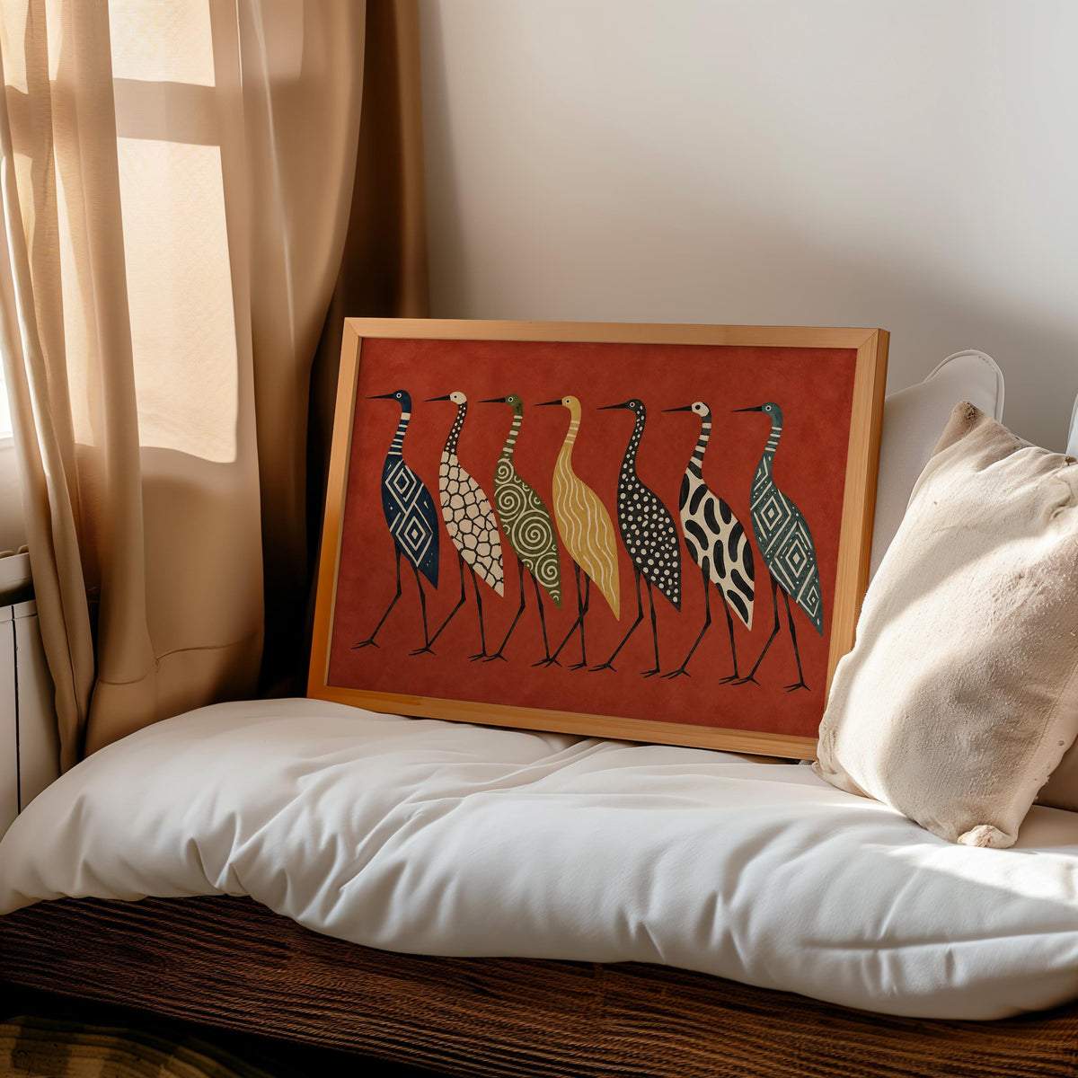 Abstract Crane Wall Art, Patterned Egret Poster, Mid Century Folk Print, Earth Tone Decor, Modern Boho Statement Art, Bird Lover Gift