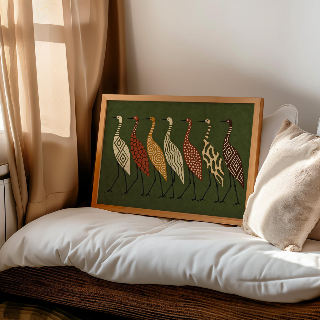 Abstract Crane Wall Art, Patterned Egret Poster, Mid Century Folk Print, Earth Tone Decor, Modern Boho Statement Art, Bird Lover Gift