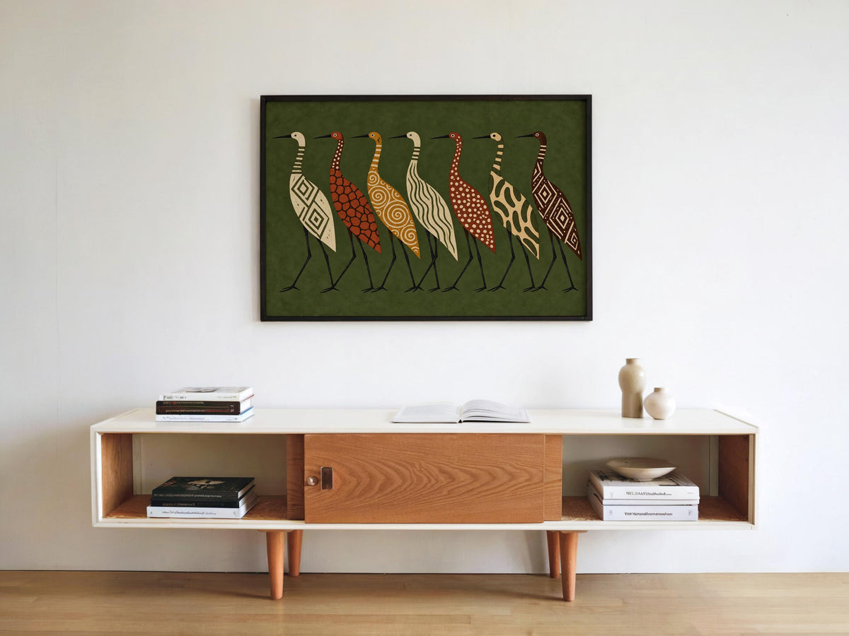 Abstract Crane Wall Art, Patterned Egret Poster, Mid Century Folk Print, Earth Tone Decor, Modern Boho Statement Art, Bird Lover Gift