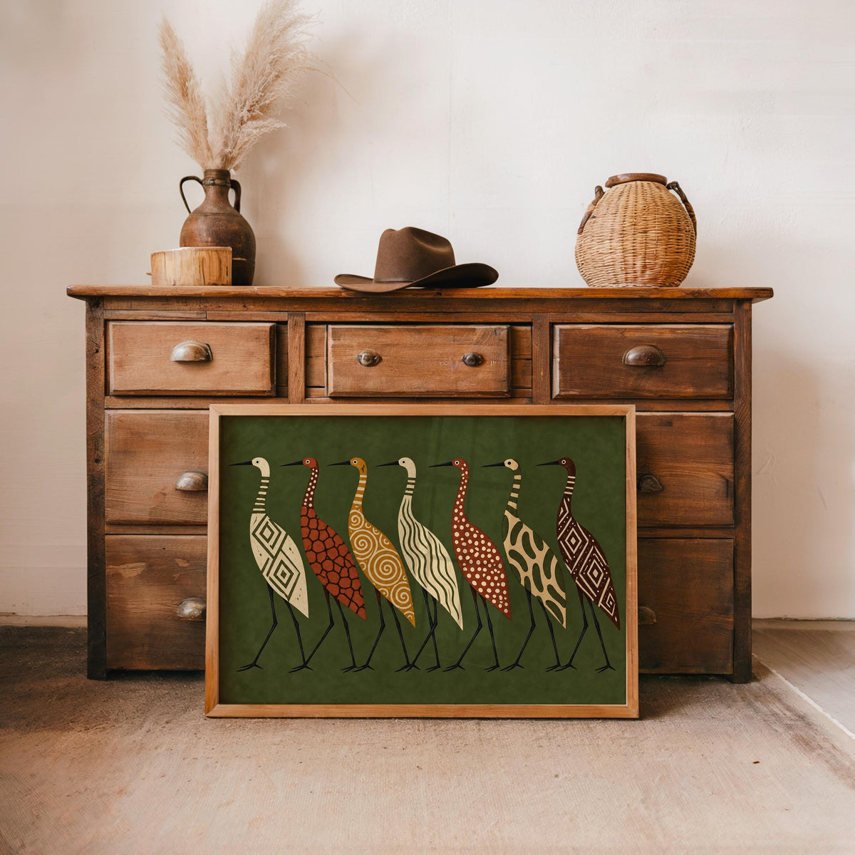 Abstract Crane Wall Art, Patterned Egret Poster, Mid Century Folk Print, Earth Tone Decor, Modern Boho Statement Art, Bird Lover Gift