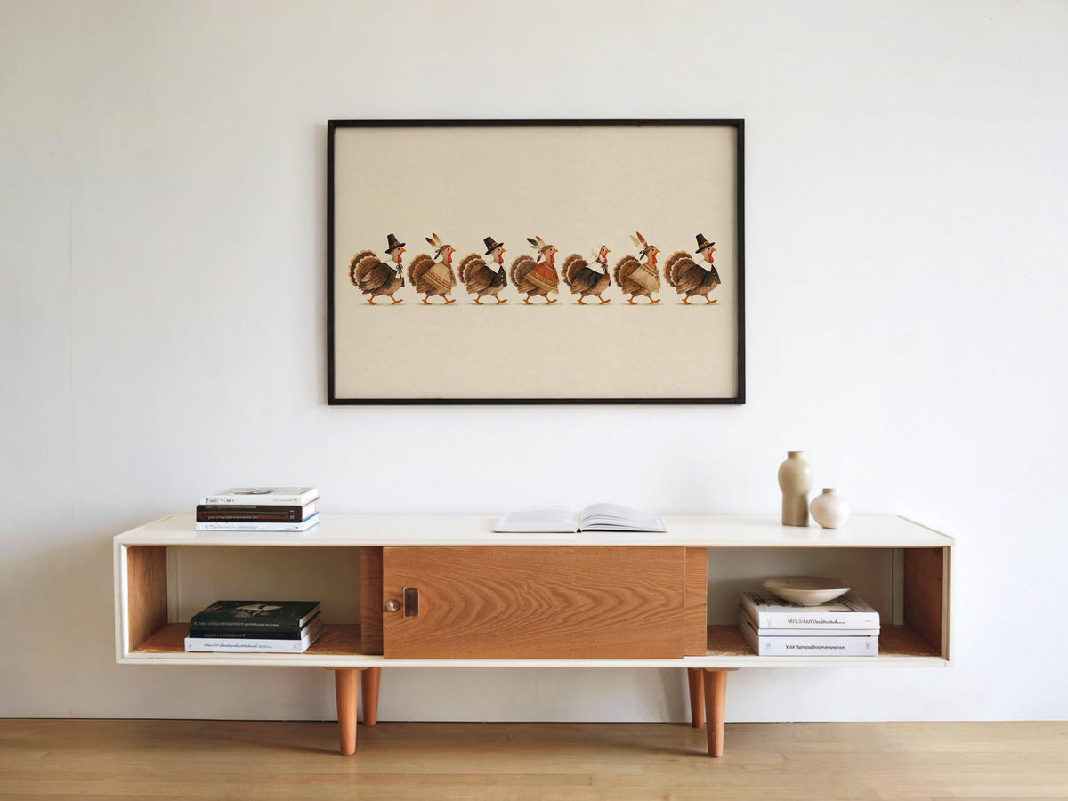 Minimal living room with Thanksgiving turkey wall art centered above media console, clean lines and warm tones