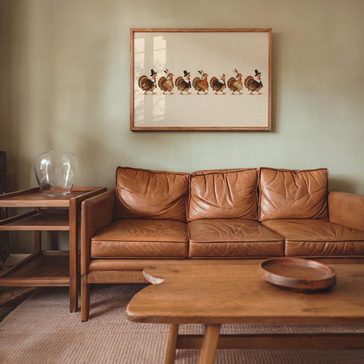 Leather sofa vignette with autumn farmhouse wall decor, framed print shows seven small turkeys in a march