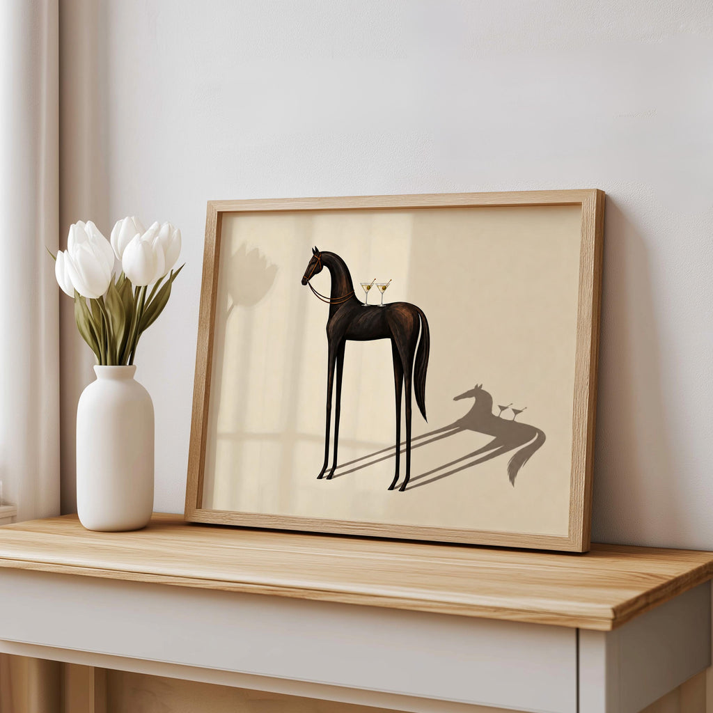 Equestrian Martini Poster, Elegant Black Horse Wall Art, Surreal Cocktail Print, Abstract Animal Lover Decor