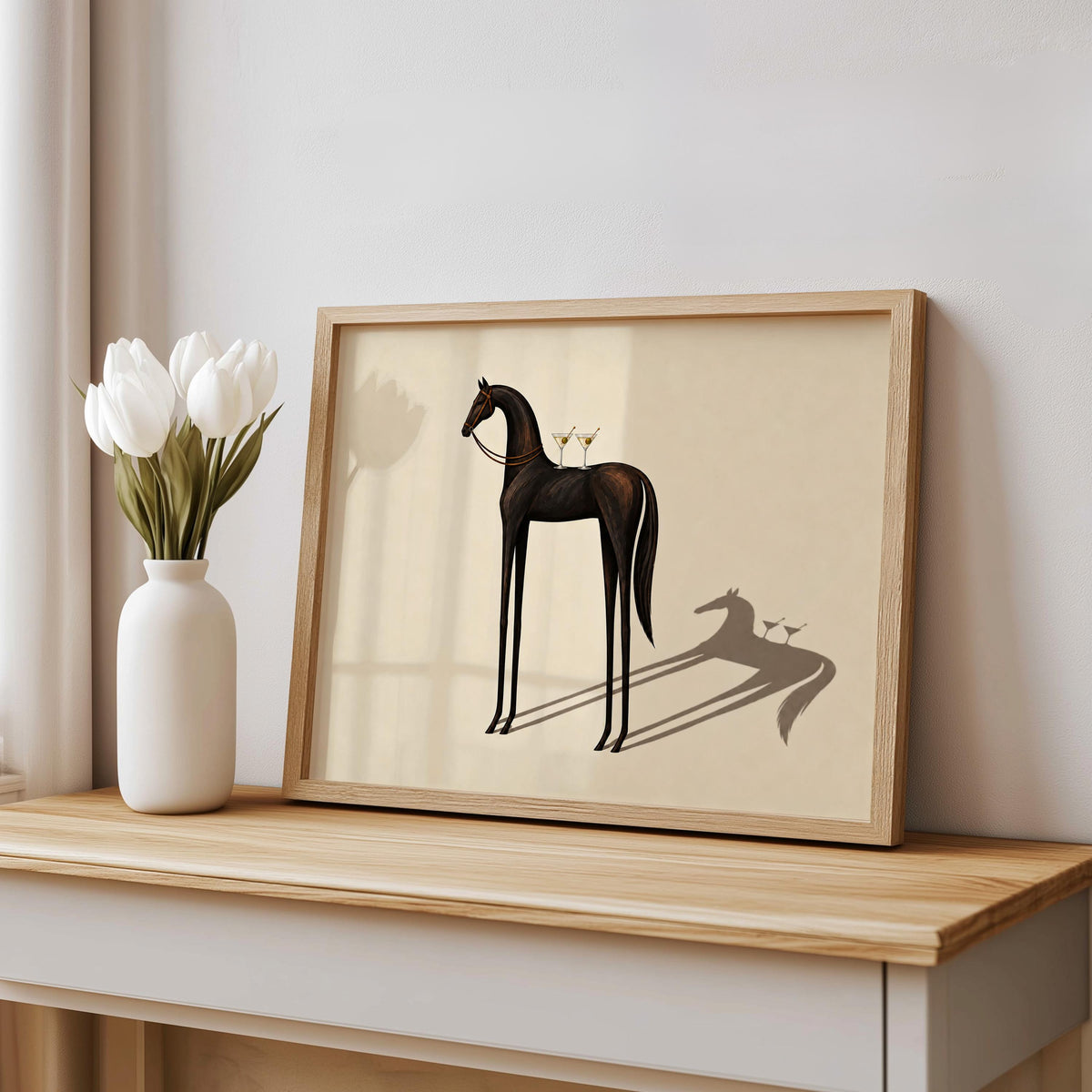 Equestrian Martini Poster, Elegant Black Horse Wall Art, Surreal Cocktail Print, Abstract Animal Lover Decor