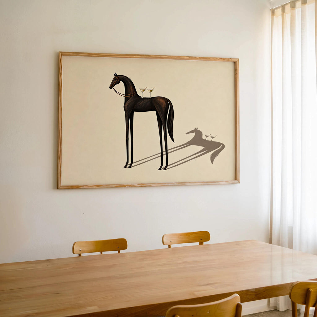 Equestrian Martini Poster, Elegant Black Horse Wall Art, Surreal Cocktail Print, Abstract Animal Lover Decor