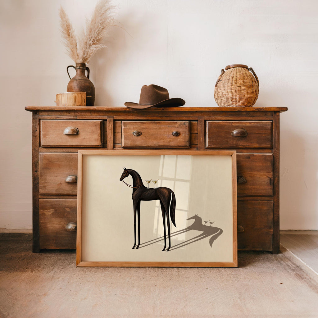 Equestrian Martini Poster, Elegant Black Horse Wall Art, Surreal Cocktail Print, Abstract Animal Lover Decor