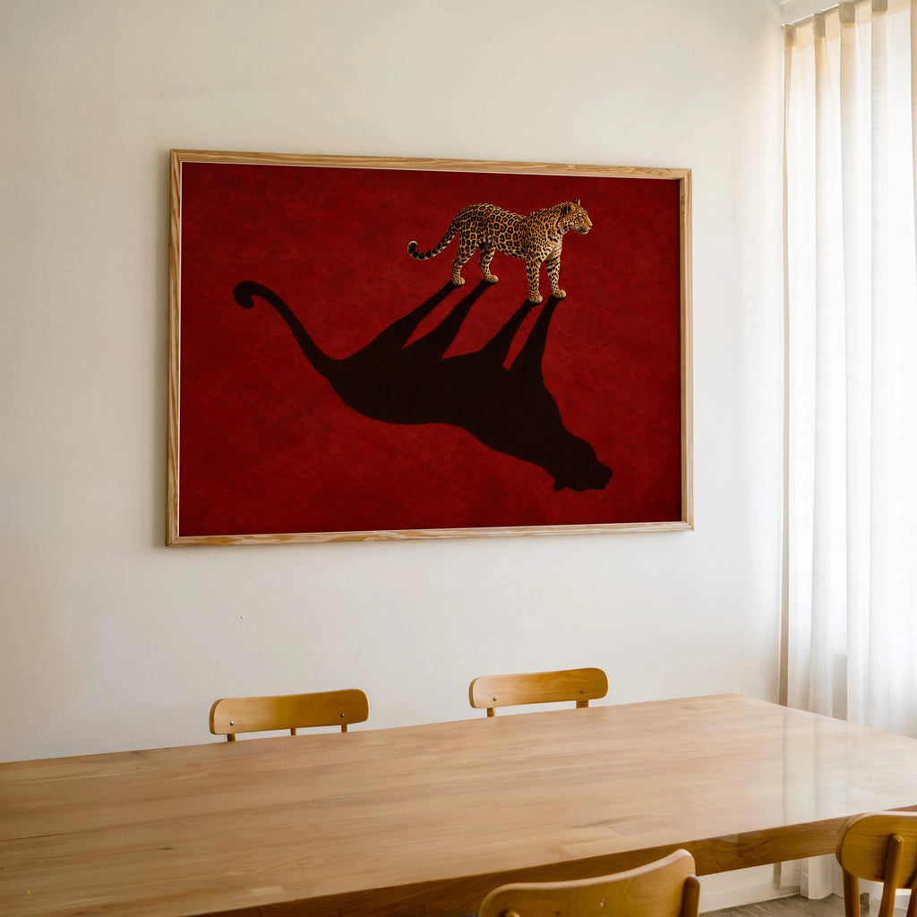 Leopard Shadow Wall Art, Red Statement Poster, Moody Big Cat Print, Minimalist Fashion Animal Decor, Feminine Cheetah Wildlife Canvas