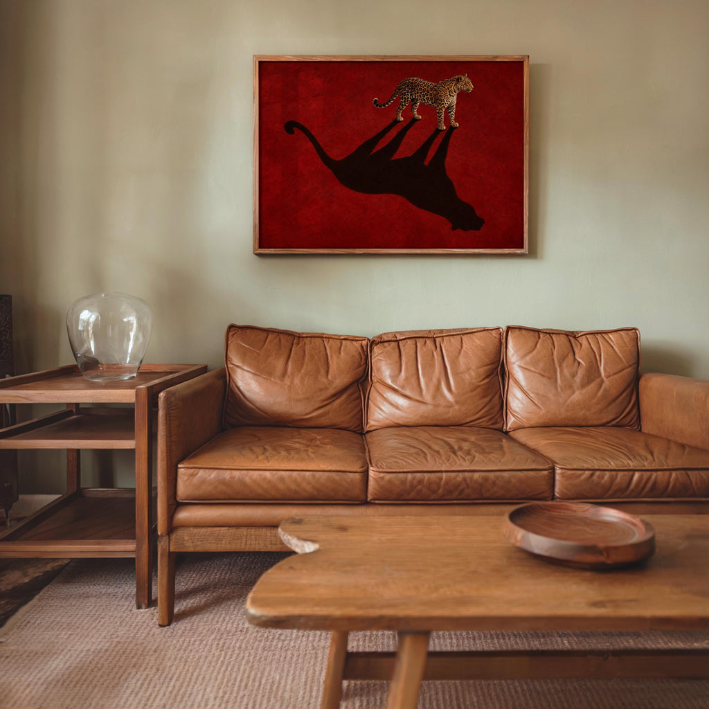 Leopard Shadow Wall Art, Red Statement Poster, Moody Big Cat Print, Minimalist Fashion Animal Decor, Feminine Cheetah Wildlife Canvas
