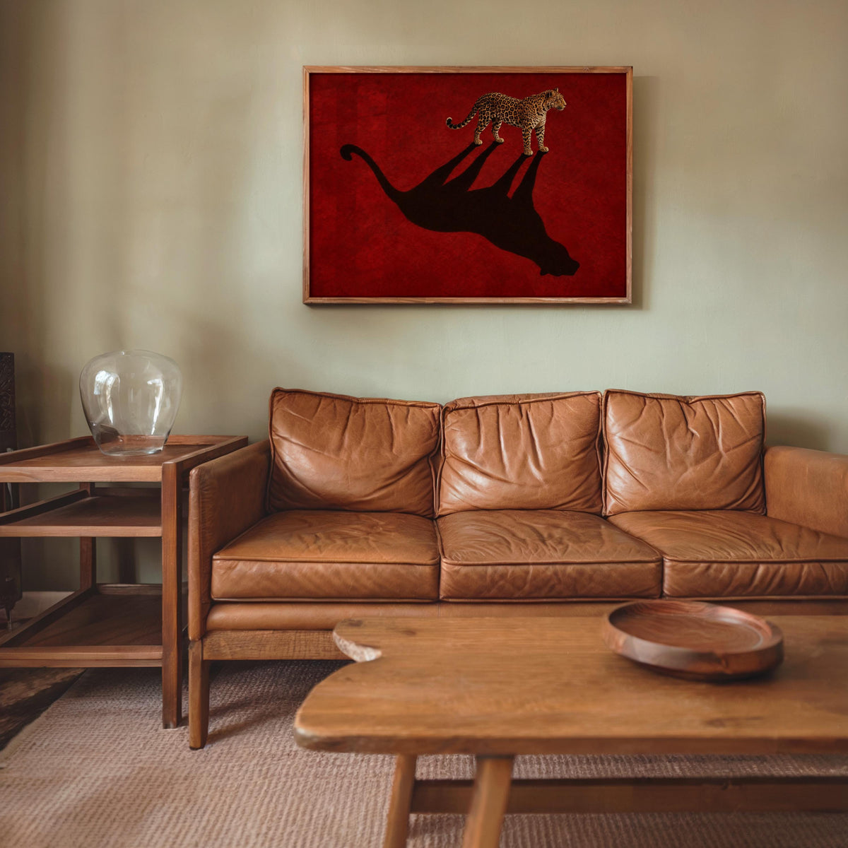 Leopard Shadow Wall Art, Red Statement Poster, Moody Big Cat Print, Minimalist Fashion Animal Decor, Feminine Cheetah Wildlife Canvas
