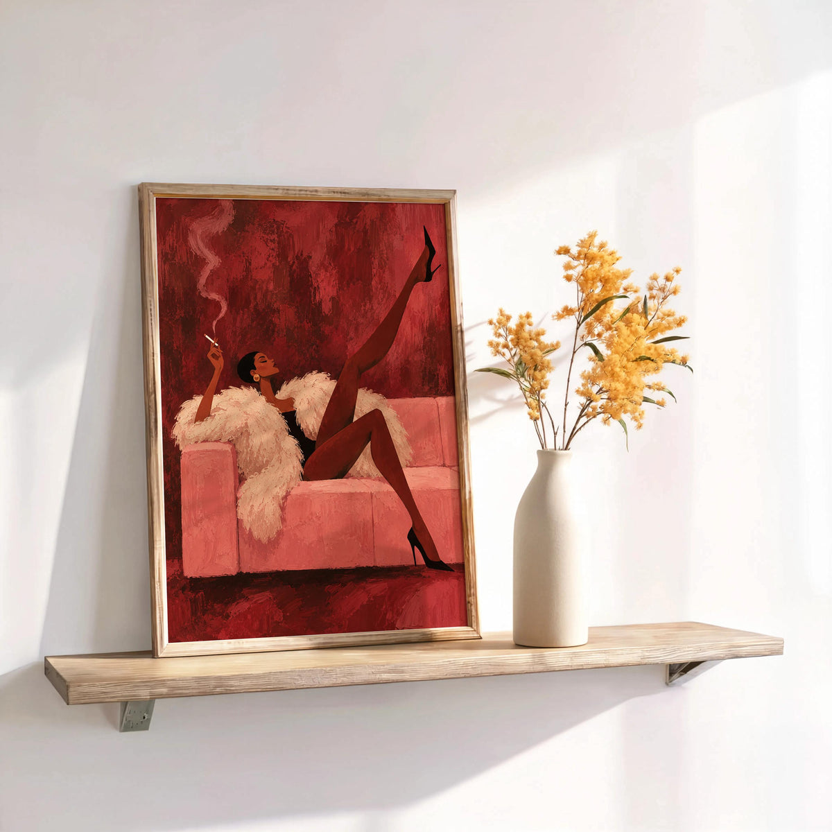 Vintage Glamour Smoking Woman Wall Art, Abstract Afrocentric Print, Red Pink Mid Century Poster, Feminine African American Statement Decor