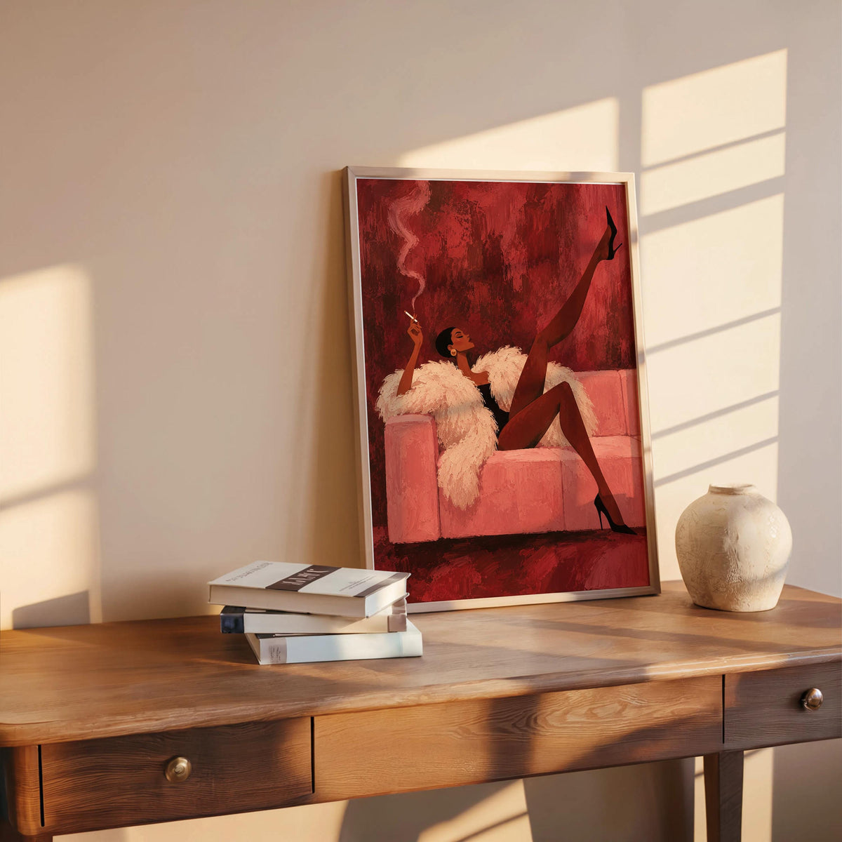 Vintage Glamour Smoking Woman Wall Art, Abstract Afrocentric Print, Red Pink Mid Century Poster, Feminine African American Statement Decor