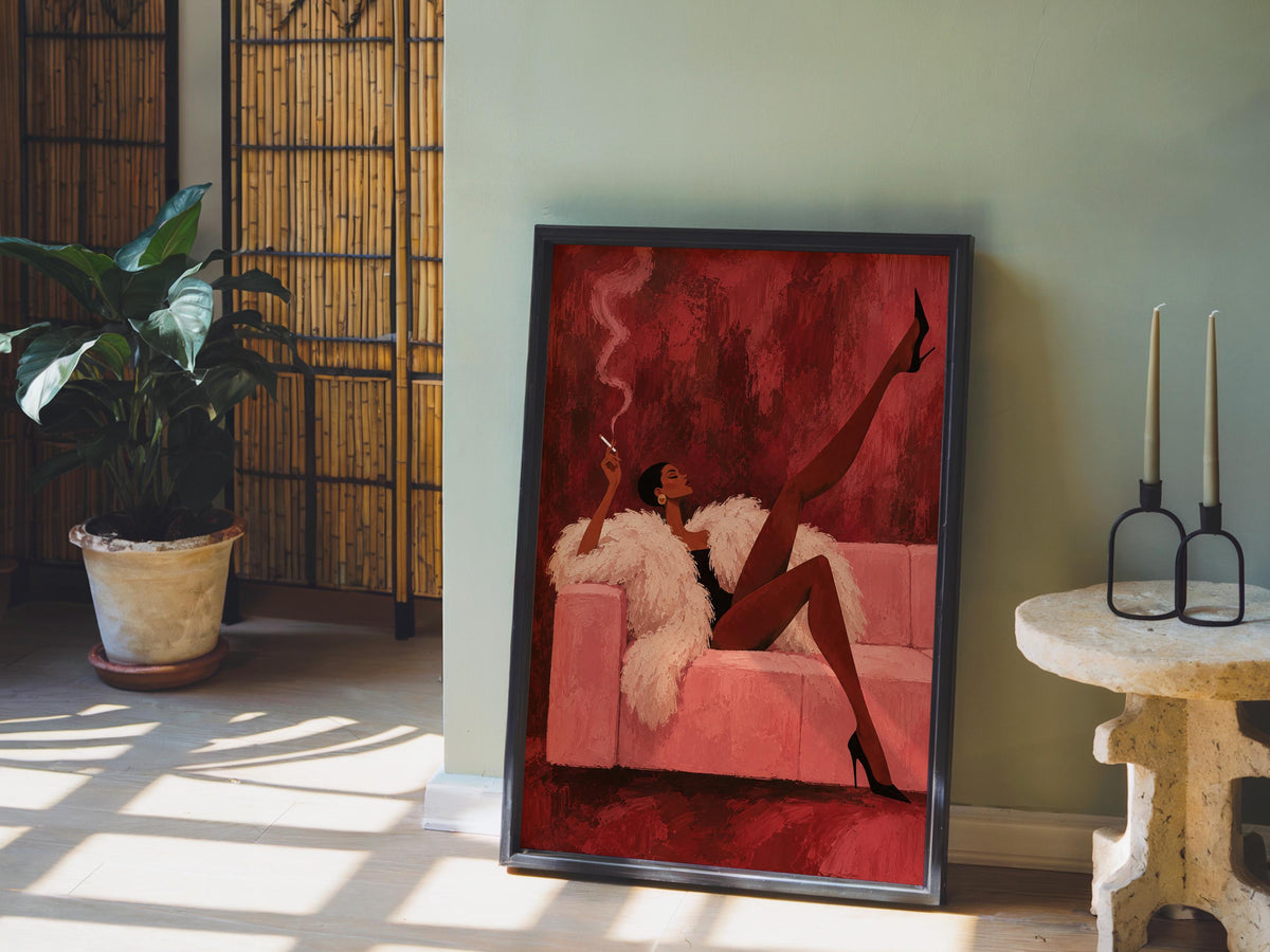 Vintage Glamour Smoking Woman Wall Art, Abstract Afrocentric Print, Red Pink Mid Century Poster, Feminine African American Statement Decor