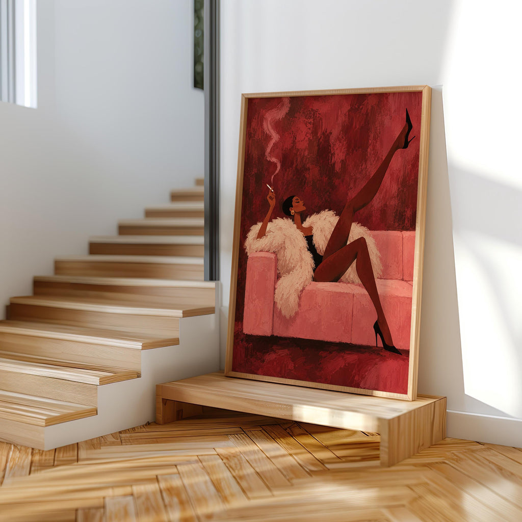 Vintage Glamour Smoking Woman Wall Art, Abstract Afrocentric Print, Red Pink Mid Century Poster, Feminine African American Statement Decor