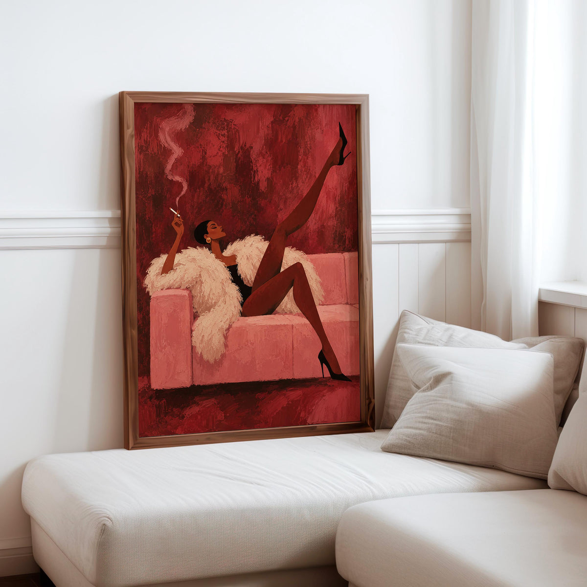 Vintage Glamour Smoking Woman Wall Art, Abstract Afrocentric Print, Red Pink Mid Century Poster, Feminine African American Statement Decor