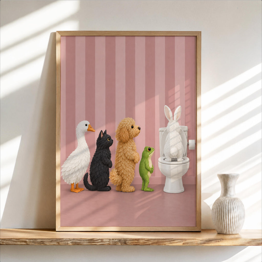 Funny Animal Toilet Wall Art, Goose Cat Goldendoodle Frog Rabbit Print, Guest Bathroom Decor, Pet Lover Gift, Whimsical Poster