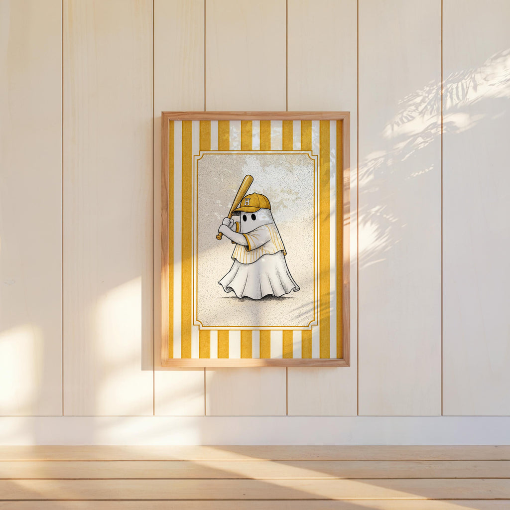 Ghost Baseball Player Poster, Vintage Halloween Wall Art, Spooky Baseball Illustration, Funny Gothic Sports Decor, Cute Ballgame Print