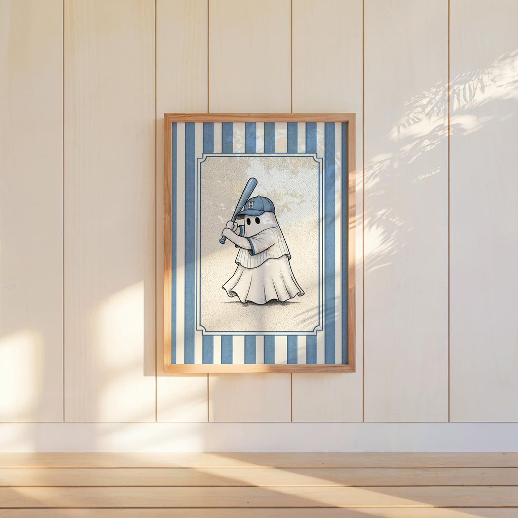 Ghost Baseball Player Poster, Vintage Halloween Wall Art, Spooky Baseball Illustration, Funny Gothic Sports Decor, Cute Ballgame Print