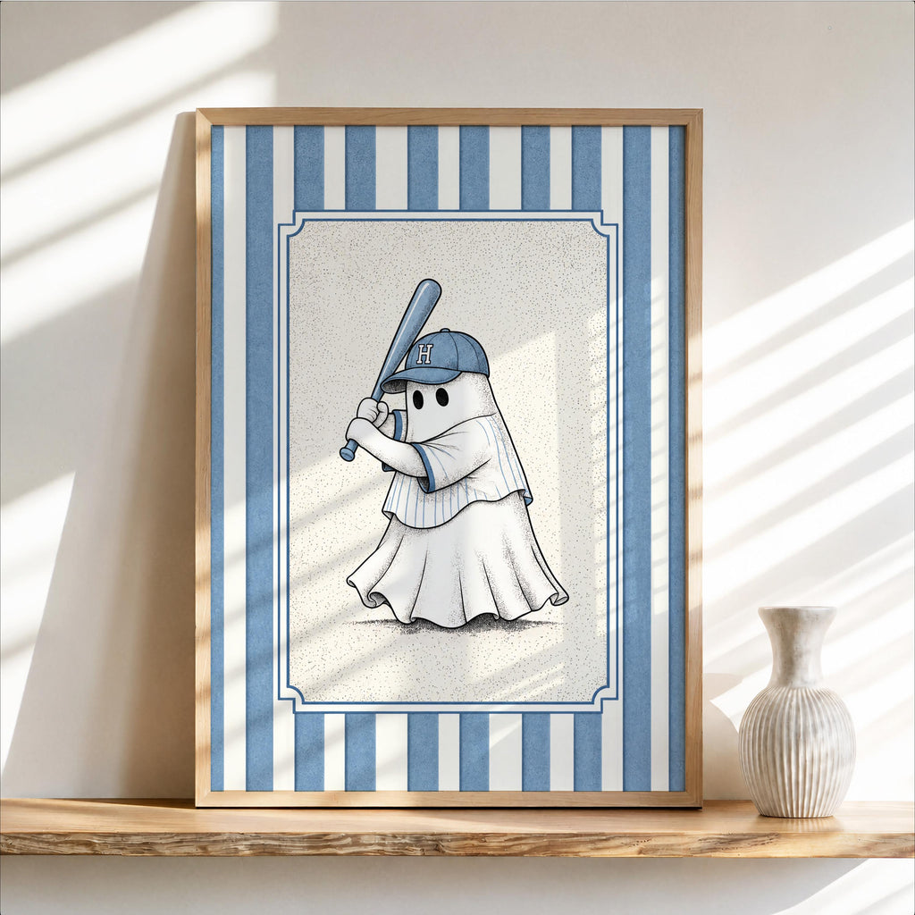 Ghost Baseball Player Poster, Vintage Halloween Wall Art, Spooky Baseball Illustration, Funny Gothic Sports Decor, Cute Ballgame Print