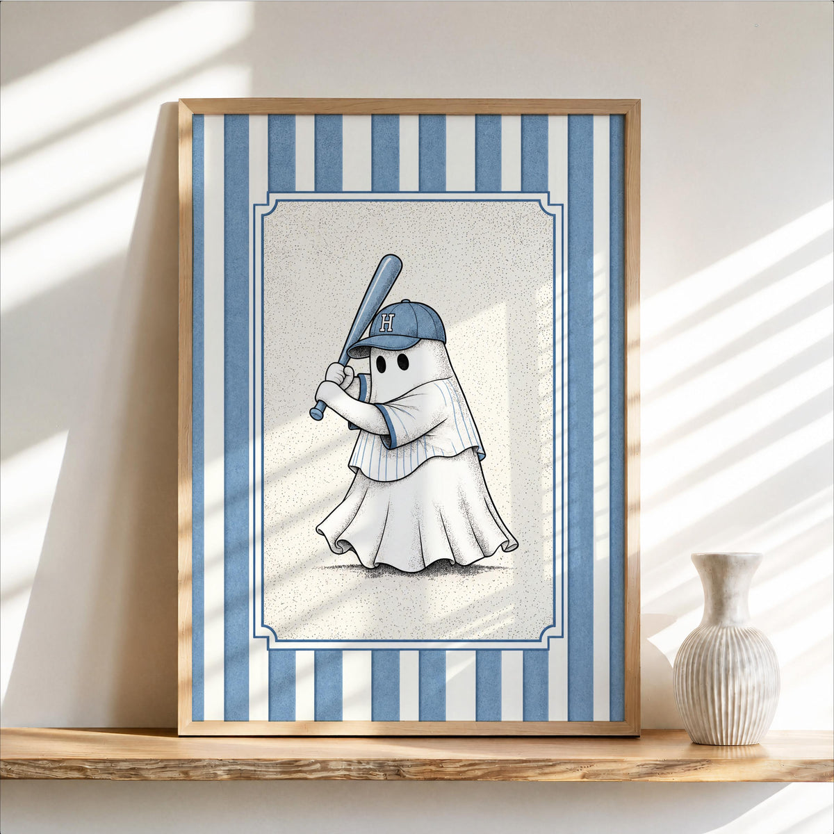 Ghost Baseball Player Poster, Vintage Halloween Wall Art, Spooky Baseball Illustration, Funny Gothic Sports Decor, Cute Ballgame Print