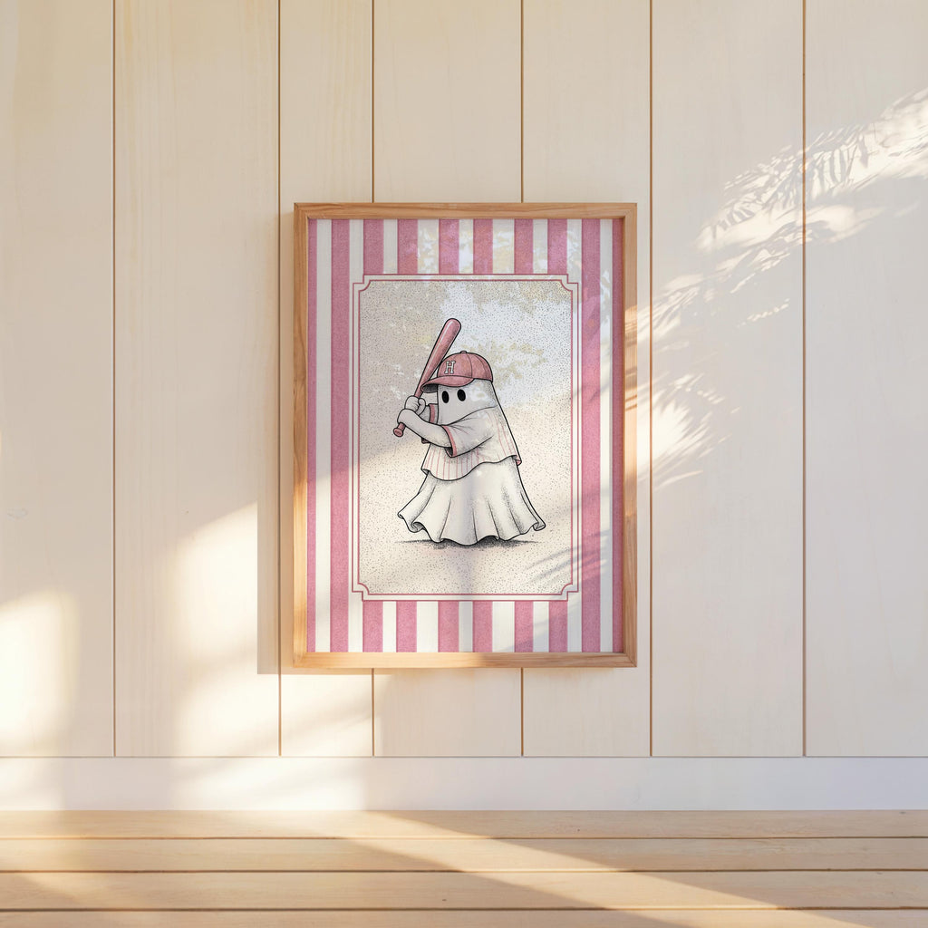 Ghost Baseball Player Poster, Vintage Halloween Wall Art, Spooky Baseball Illustration, Funny Gothic Sports Decor, Cute Ballgame Print