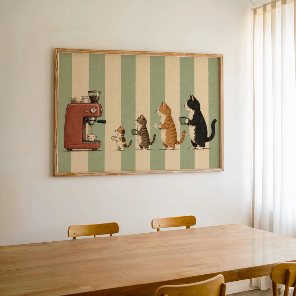 Cats Drinking Coffee Wall Art, Vintage Cute Animal Poster, Retro Espresso Machine Illustration, Kitchen Cafe Nook Decor, Cat Lover Print