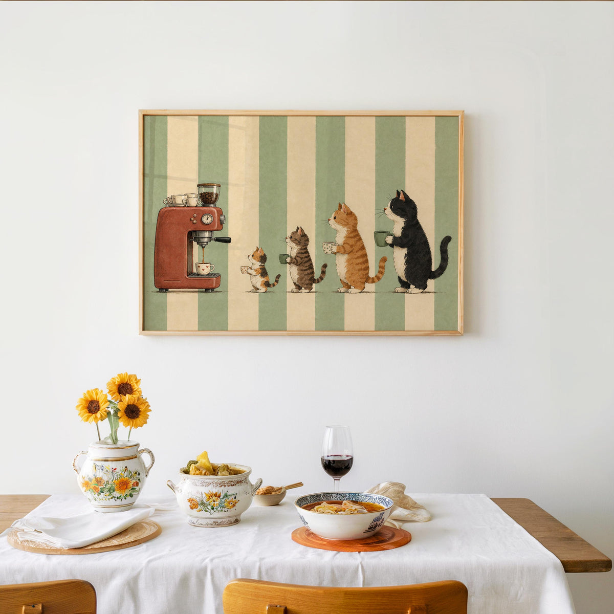 Cats Drinking Coffee Wall Art, Vintage Cute Animal Poster, Retro Espresso Machine Illustration, Kitchen Cafe Nook Decor, Cat Lover Print