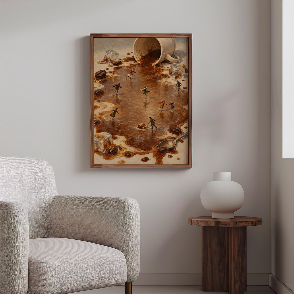 Tiny Ice Skaters Coffee Print, Miniature People Wall Art, Surreal Winter Skating Poster, Coffee Lover Kitchen Cafe Decor