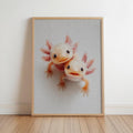 Framed print leaning on floor, two painterly axolotls in warm pastels, cute axolotl wall art