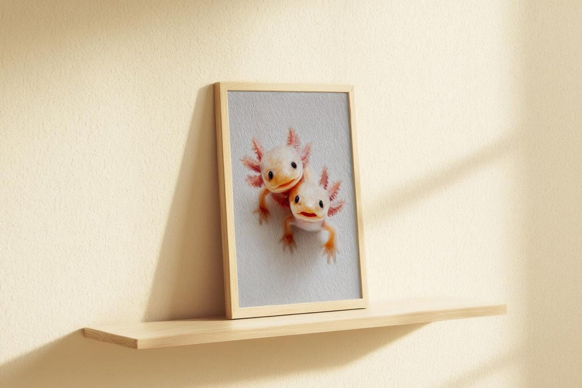 Small framed axolotl art leaning on cream shelf, warm sunlight highlights textured print