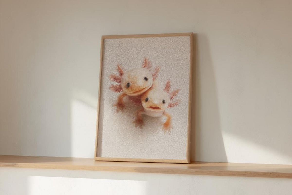 Frame propped on floor against baseboard, soft side light on cute axolotl poster image