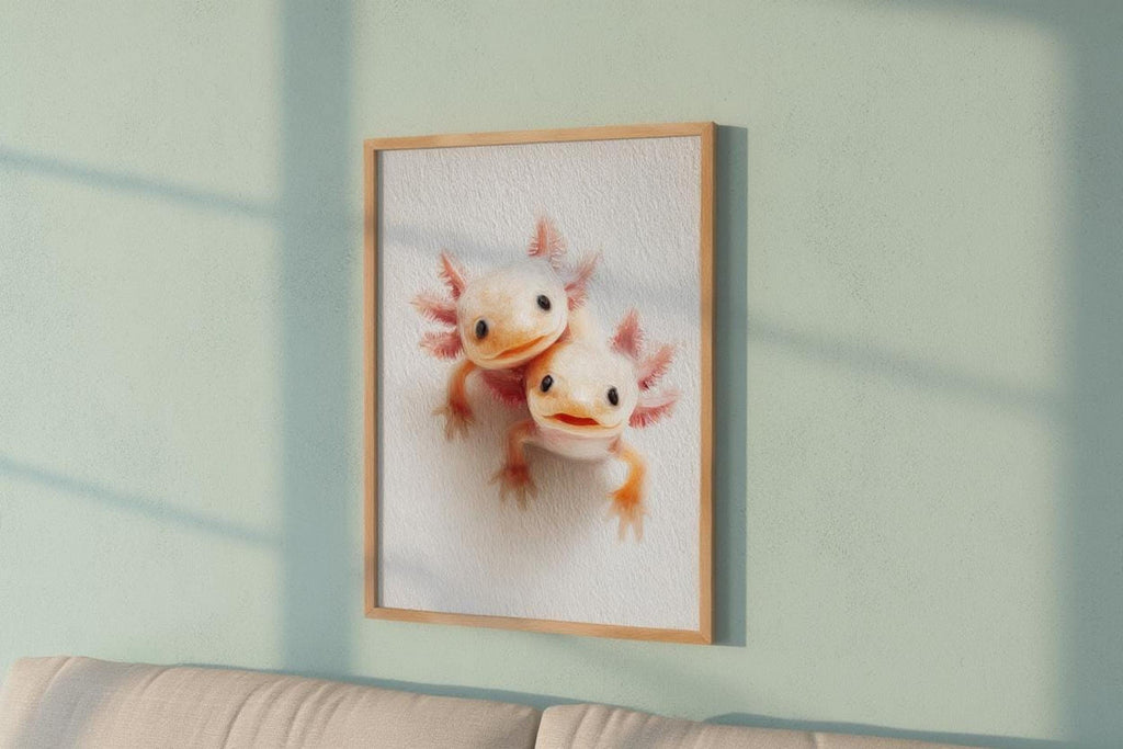 Hanging framed print above couch on mint wall, subtle window shadows, axolotl nursery art