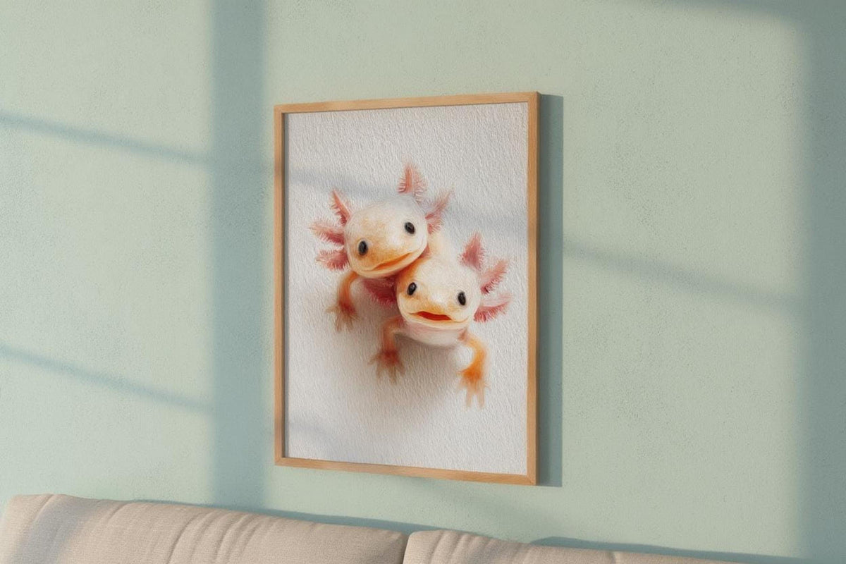 Hanging framed print above couch on mint wall, subtle window shadows, axolotl nursery art