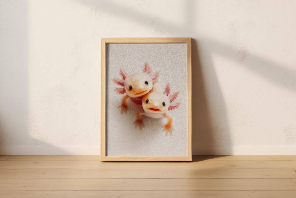 Small framed axolotl print on floor by white wall, neutral light, axolotl printable art sample
