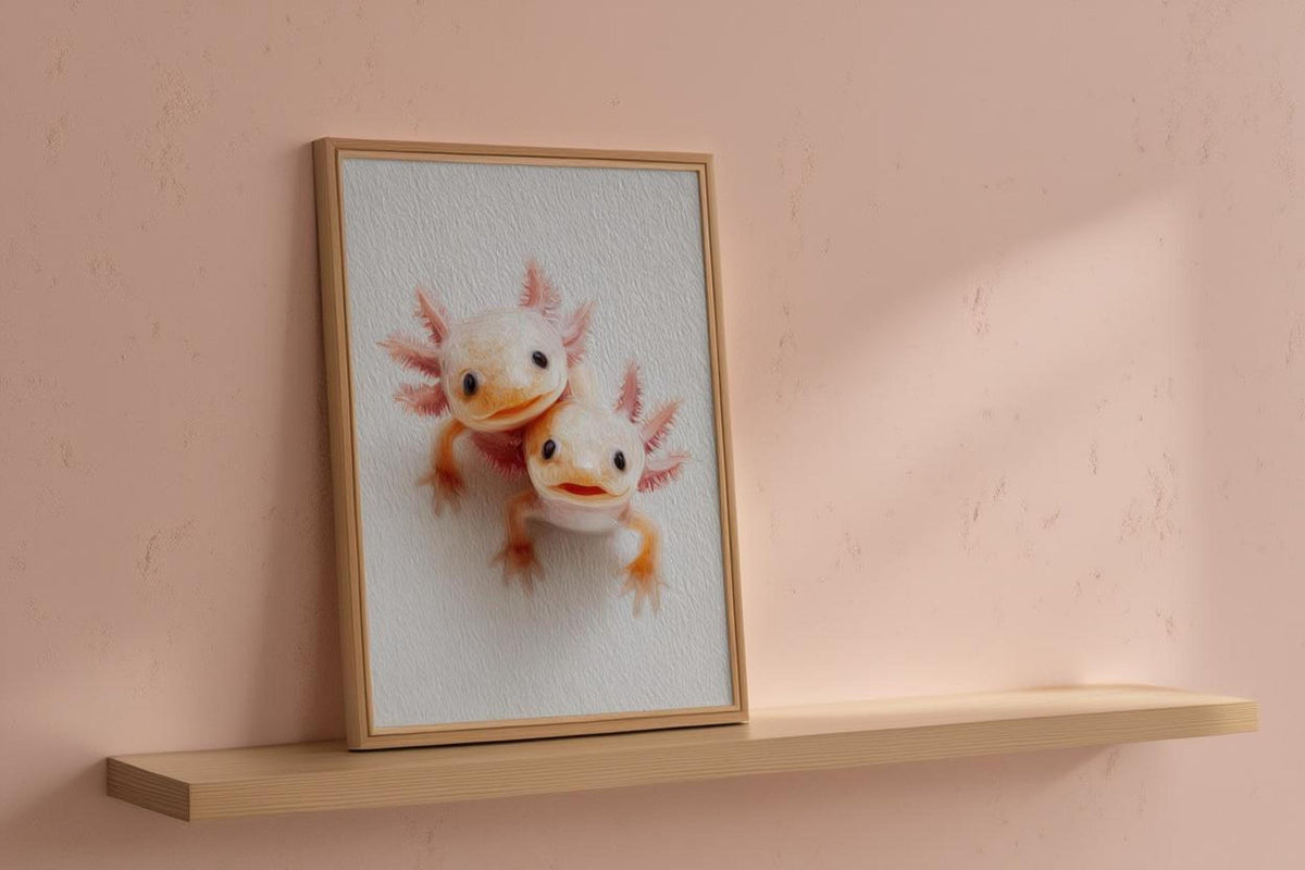 Narrow shelf holds framed axolotl print on soft blush wall, pastel nursery wall decor feel