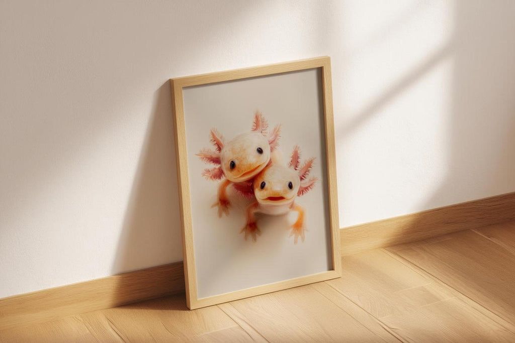 Angled frame in bright corner on hardwood floor, soft shadow, whimsical animal wall art scene