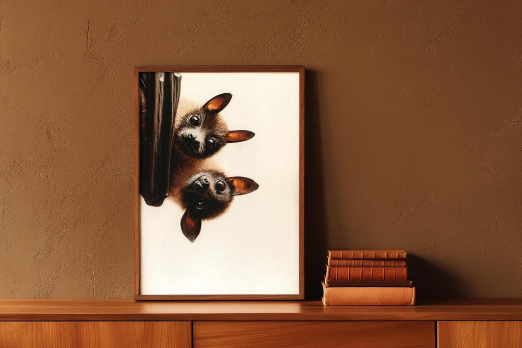 Framed cute bat print on a midcentury shelf with stacked books, rich warm tones, subtle gothic edge