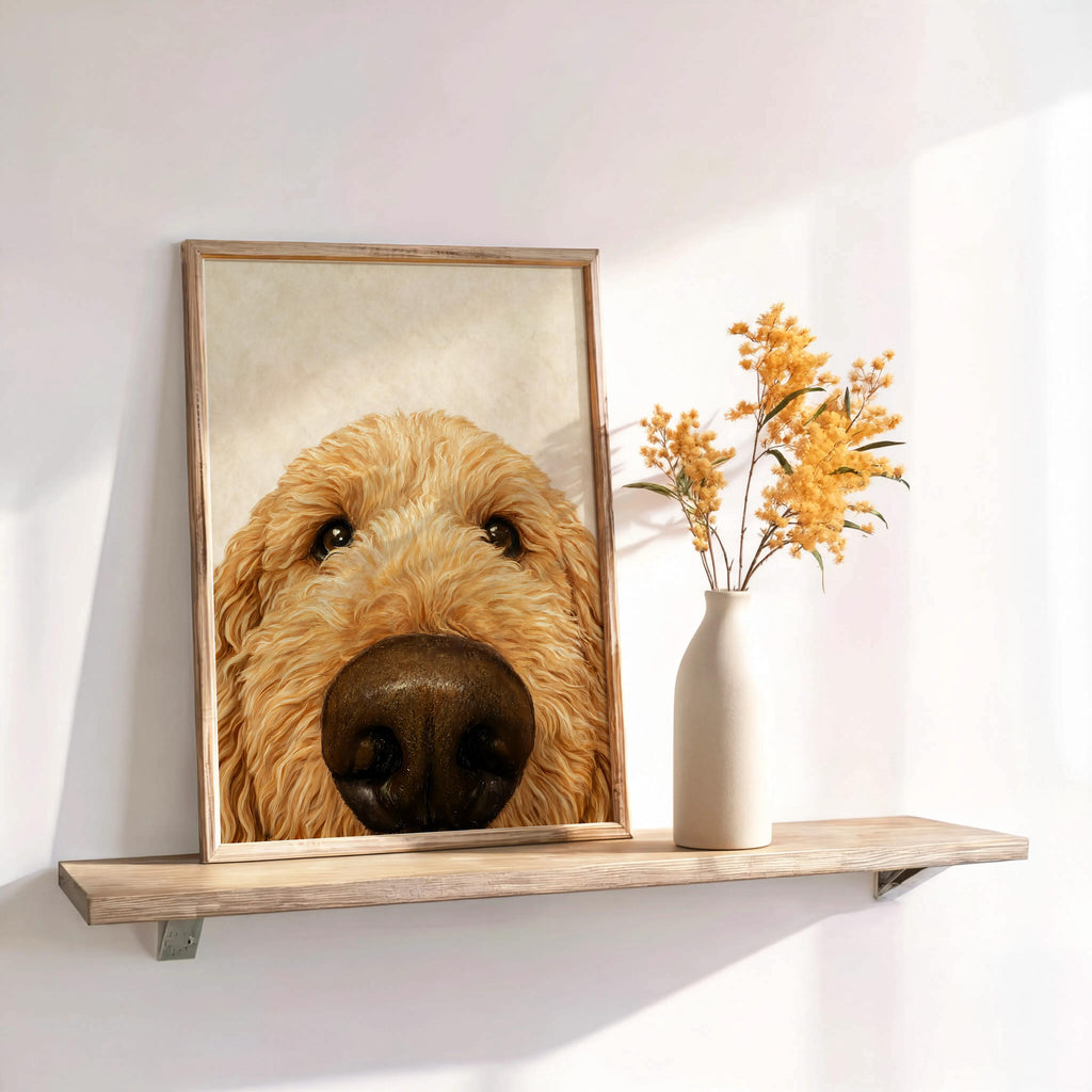 Goldendoodle Wall Art, Funny Dog Nose Beige Portrait, Golden Doodle Print, Pet Lover Gift, Dog Mom Decor, Whimsical Animal Poster
