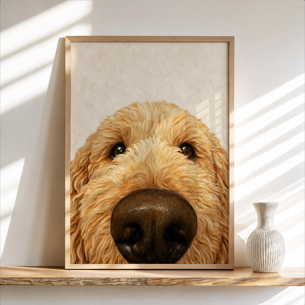 Goldendoodle Wall Art, Funny Dog Nose Beige Portrait, Golden Doodle Print, Pet Lover Gift, Dog Mom Decor, Whimsical Animal Poster