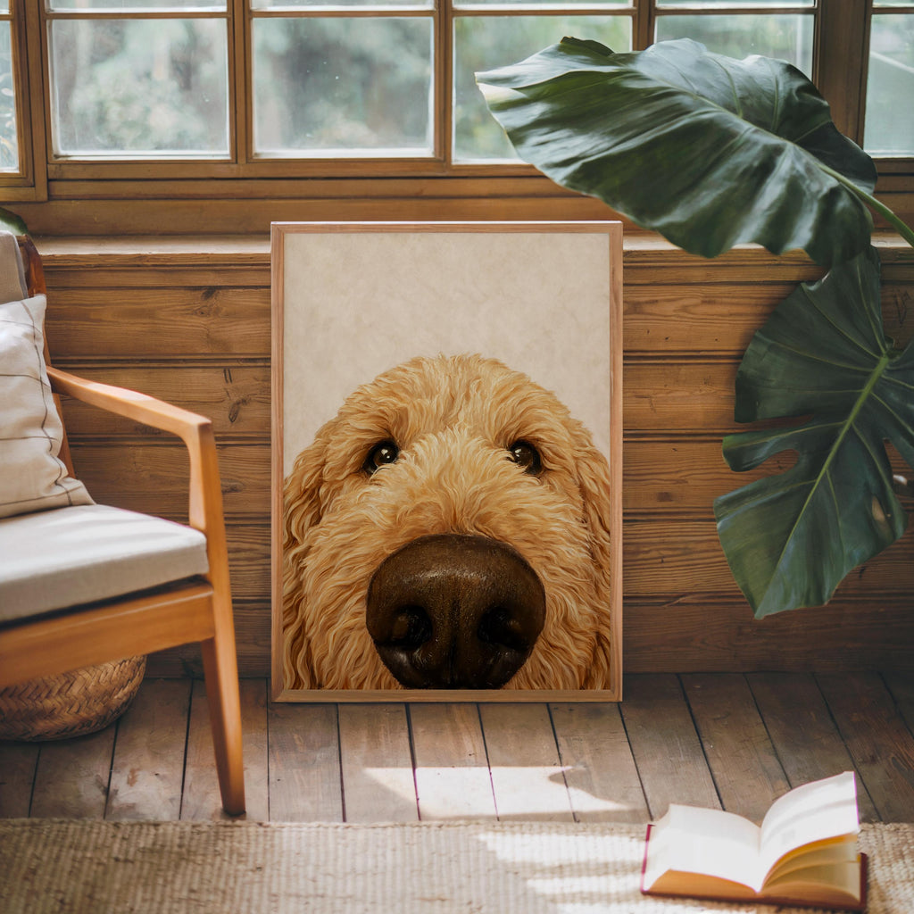 Goldendoodle Wall Art, Funny Dog Nose Beige Portrait, Golden Doodle Print, Pet Lover Gift, Dog Mom Decor, Whimsical Animal Poster