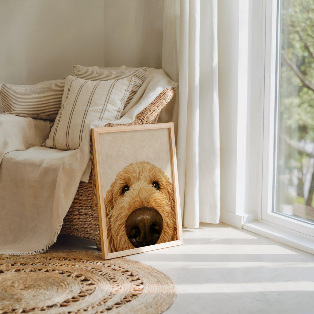 Goldendoodle Wall Art, Funny Dog Nose Beige Portrait, Golden Doodle Print, Pet Lover Gift, Dog Mom Decor, Whimsical Animal Poster