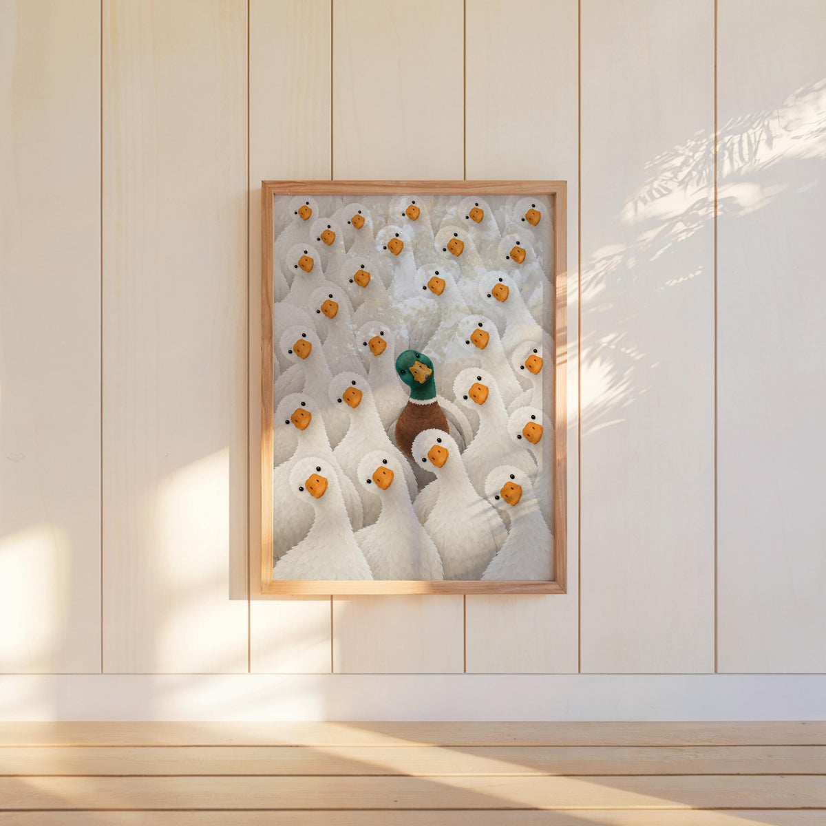 Funny Duck Wall Art, Mallard Among White Ducks Print, Quirky Bathroom Animal Poster, Bird Lover Kitchen Decor, Eclectic Canvas