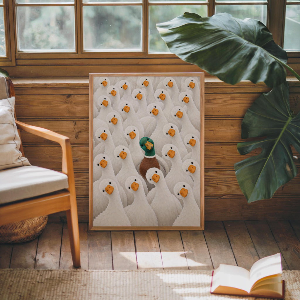 Funny Duck Wall Art, Mallard Among White Ducks Print, Quirky Bathroom Animal Poster, Bird Lover Kitchen Decor, Eclectic Canvas