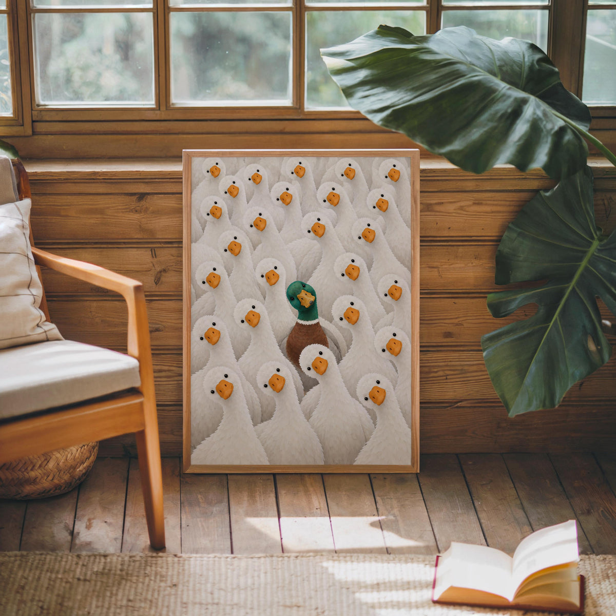 Funny Duck Wall Art, Mallard Among White Ducks Print, Quirky Bathroom Animal Poster, Bird Lover Kitchen Decor, Eclectic Canvas