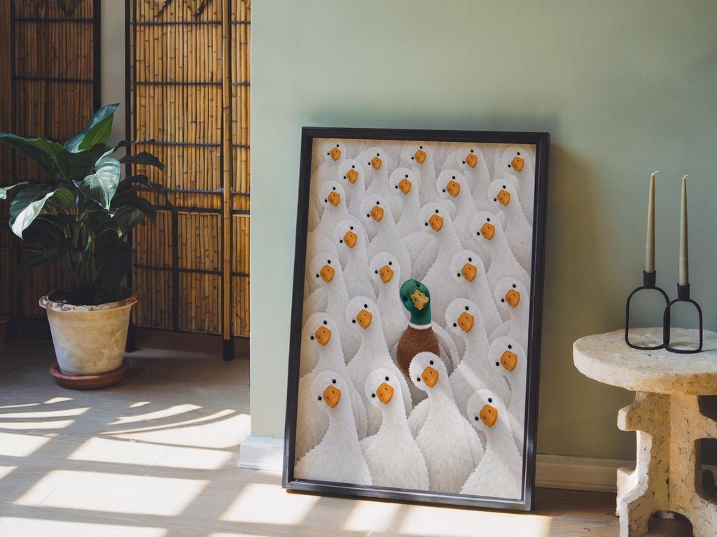 Funny Duck Wall Art, Mallard Among White Ducks Print, Quirky Bathroom Animal Poster, Bird Lover Kitchen Decor, Eclectic Canvas