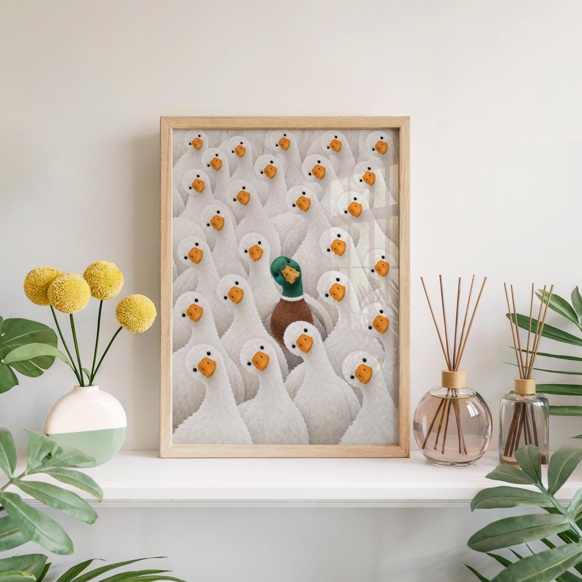 Funny Duck Wall Art, Mallard Among White Ducks Print, Quirky Bathroom Animal Poster, Bird Lover Kitchen Decor, Eclectic Canvas