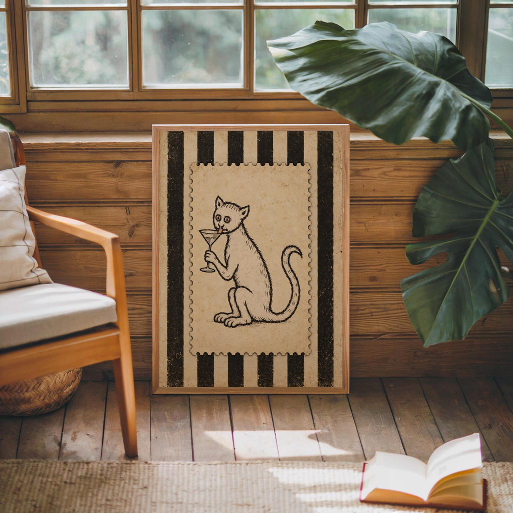 Medieval Cat Martini Wall Art, Weird Ugly Renaissance Animal Print, Cocktail Poster, Funny Pet Decor, Quirky Bar Cart, History Lover Gift