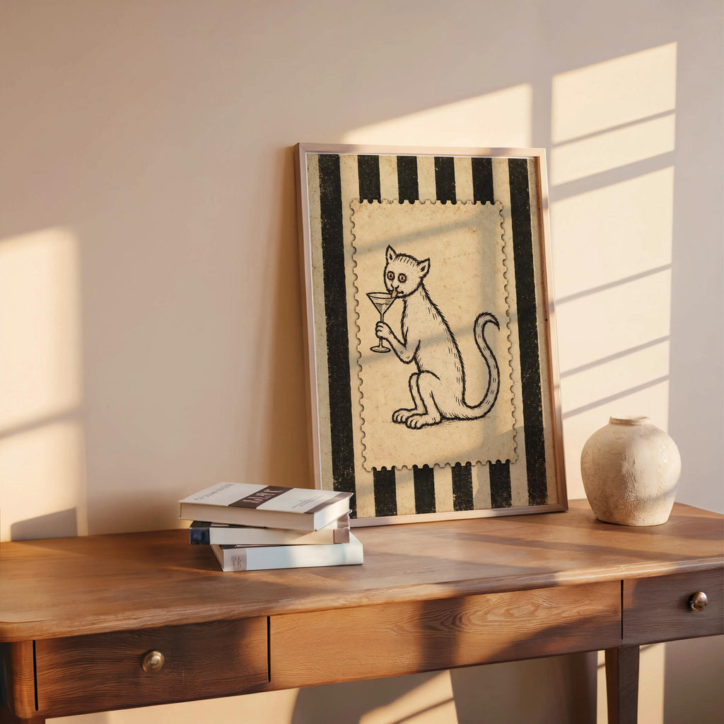 Medieval Cat Martini Wall Art, Weird Ugly Renaissance Animal Print, Cocktail Poster, Funny Pet Decor, Quirky Bar Cart, History Lover Gift