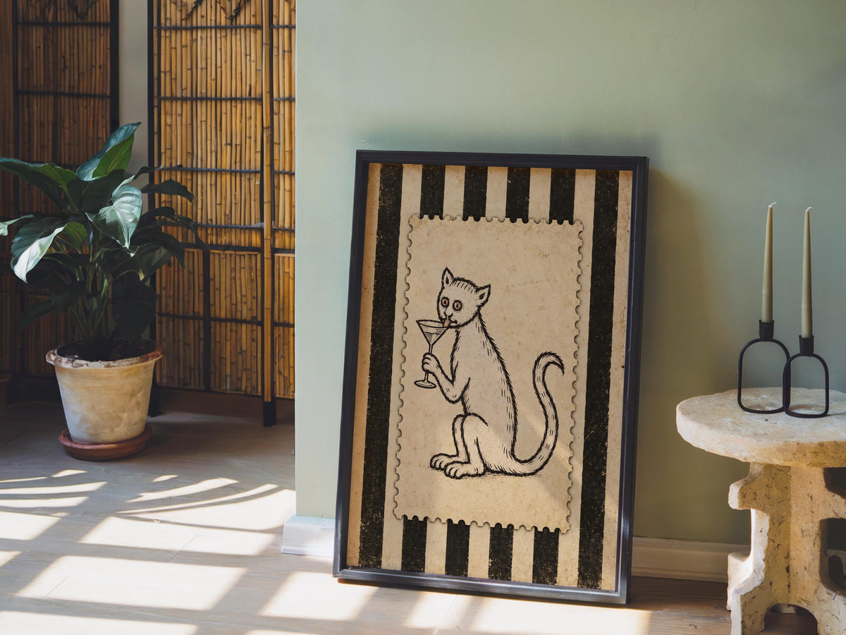 Medieval Cat Martini Wall Art, Weird Ugly Renaissance Animal Print, Cocktail Poster, Funny Pet Decor, Quirky Bar Cart, History Lover Gift
