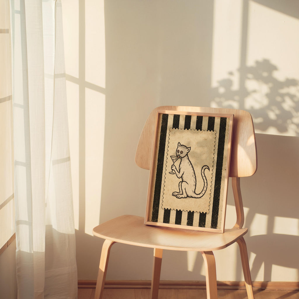 Medieval Cat Martini Wall Art, Weird Ugly Renaissance Animal Print, Cocktail Poster, Funny Pet Decor, Quirky Bar Cart, History Lover Gift